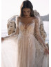 Long Sleeves Ivory Lace Tulle Sparkly Boho Beach Wedding Dress